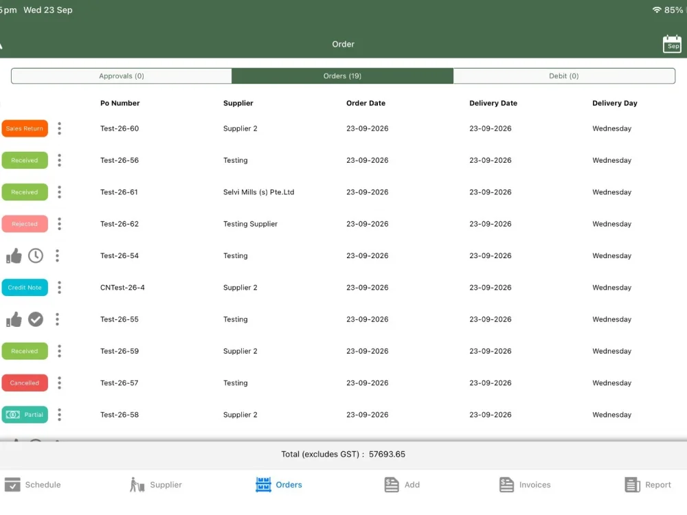 Alt ERP purchase order list with supplier, order date and delivery status
