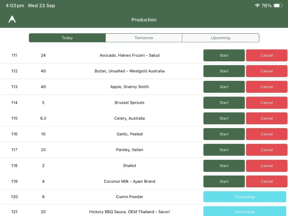 Alt ERP production run list showing items to start, in progress and completed