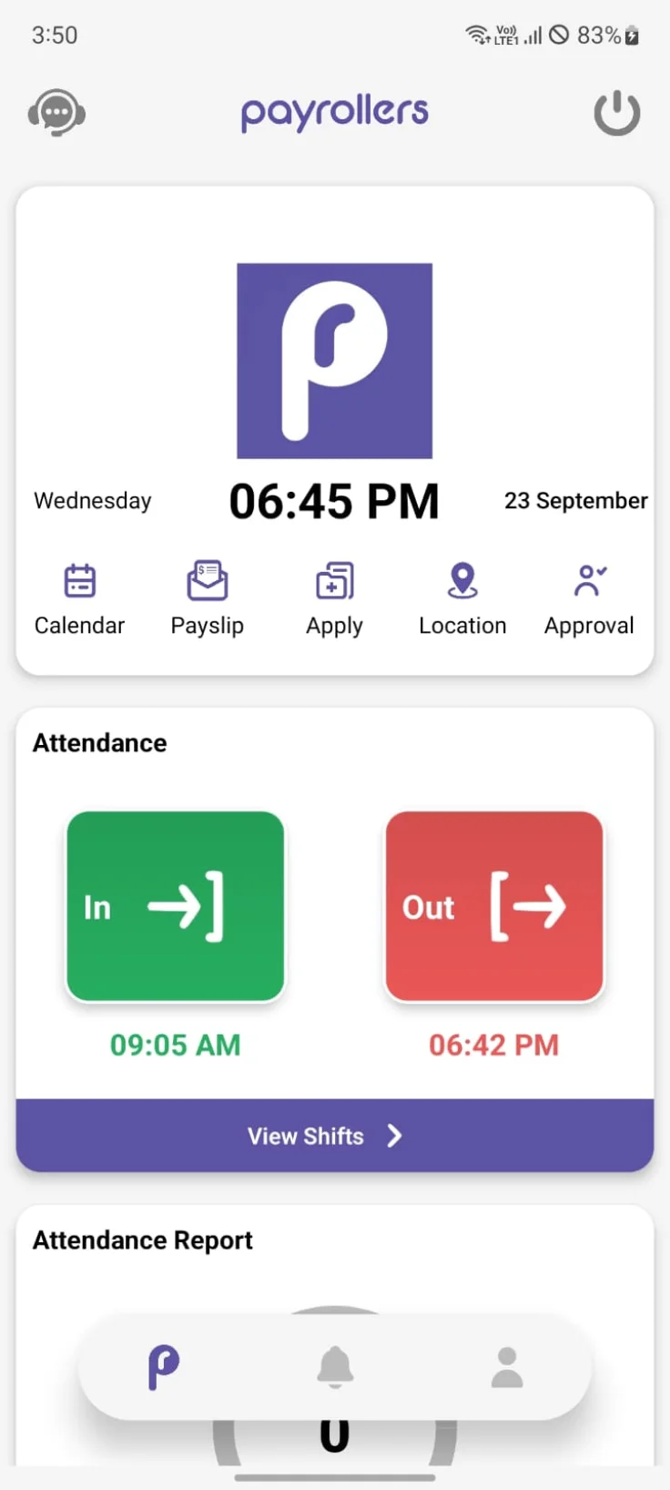 Payrollers app home with clock in and clock out and the day's attendance