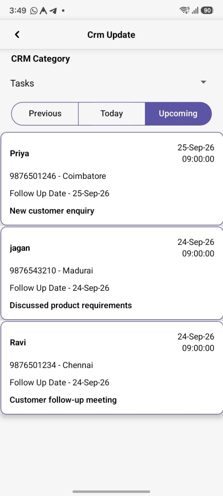 Payrollers CRM screen listing upcoming customer follow-ups