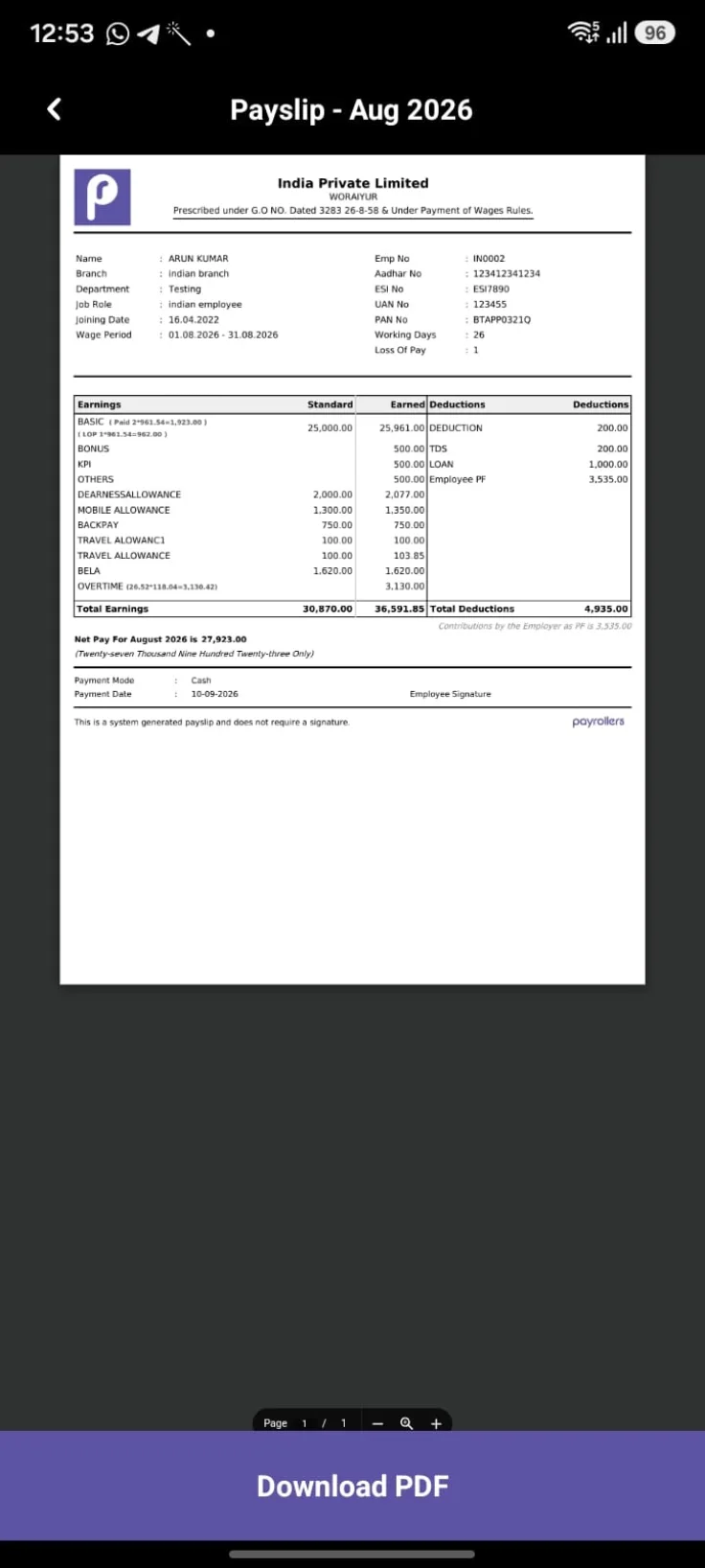 Payrollers itemised payslip showing earnings, deductions and net pay