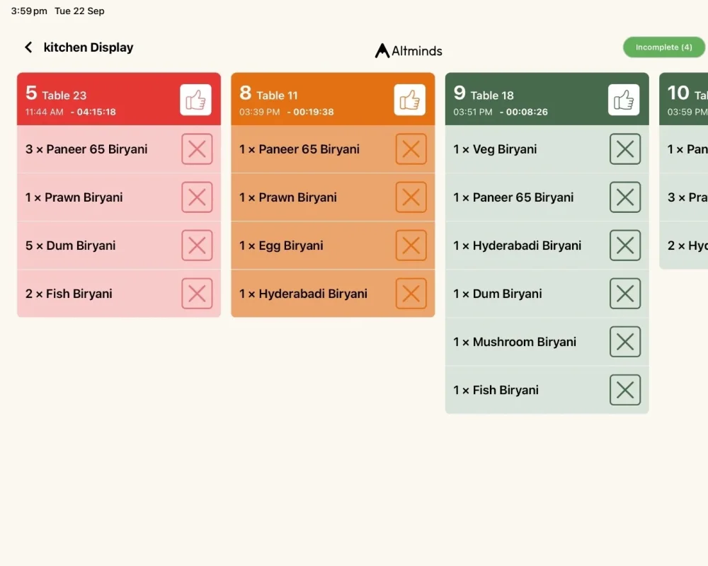 Alt POS kitchen display with table tickets, timers and item by item completion