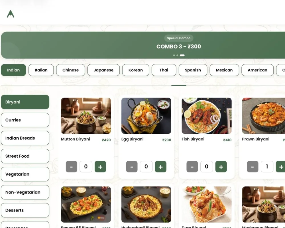 Alt POS ordering screen with cuisine tabs, dish cards, prices and the running cart