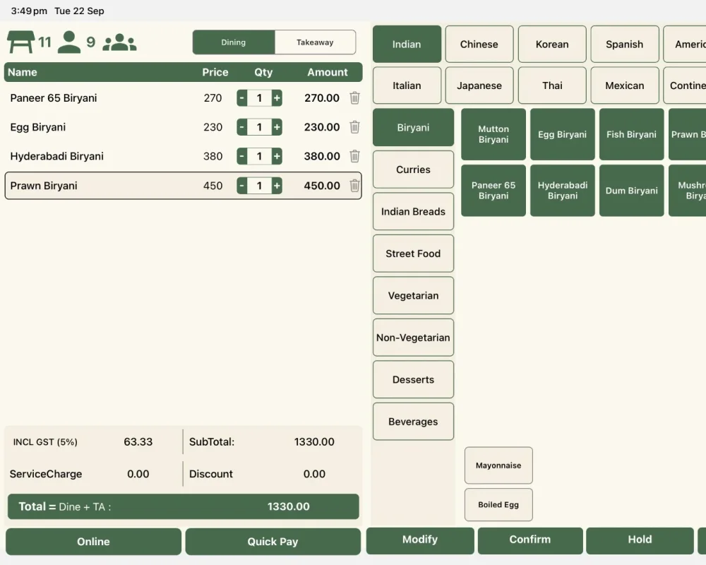 Alt POS terminal with the running bill on the left and the menu by cuisine on the right