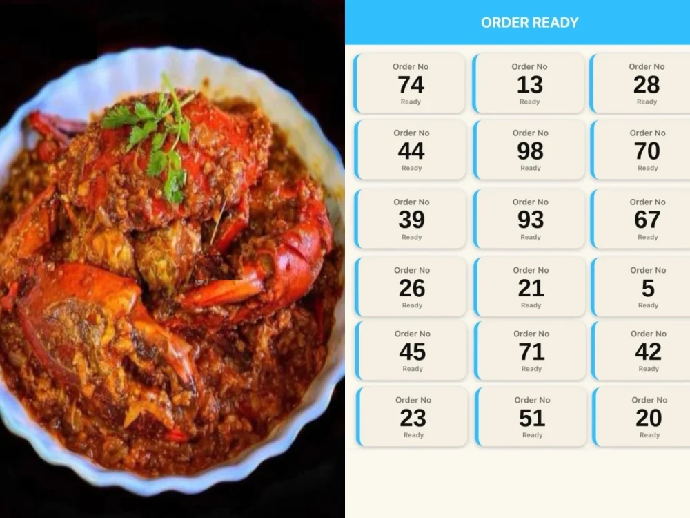 A split screen with a dish photograph on the left and a live Order Ready token board on the right