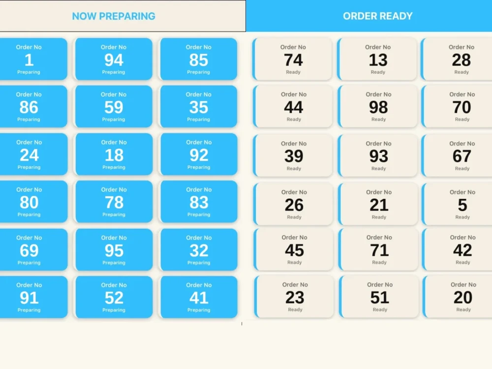 A full-screen token board with Now Preparing on the left and Order Ready on the right