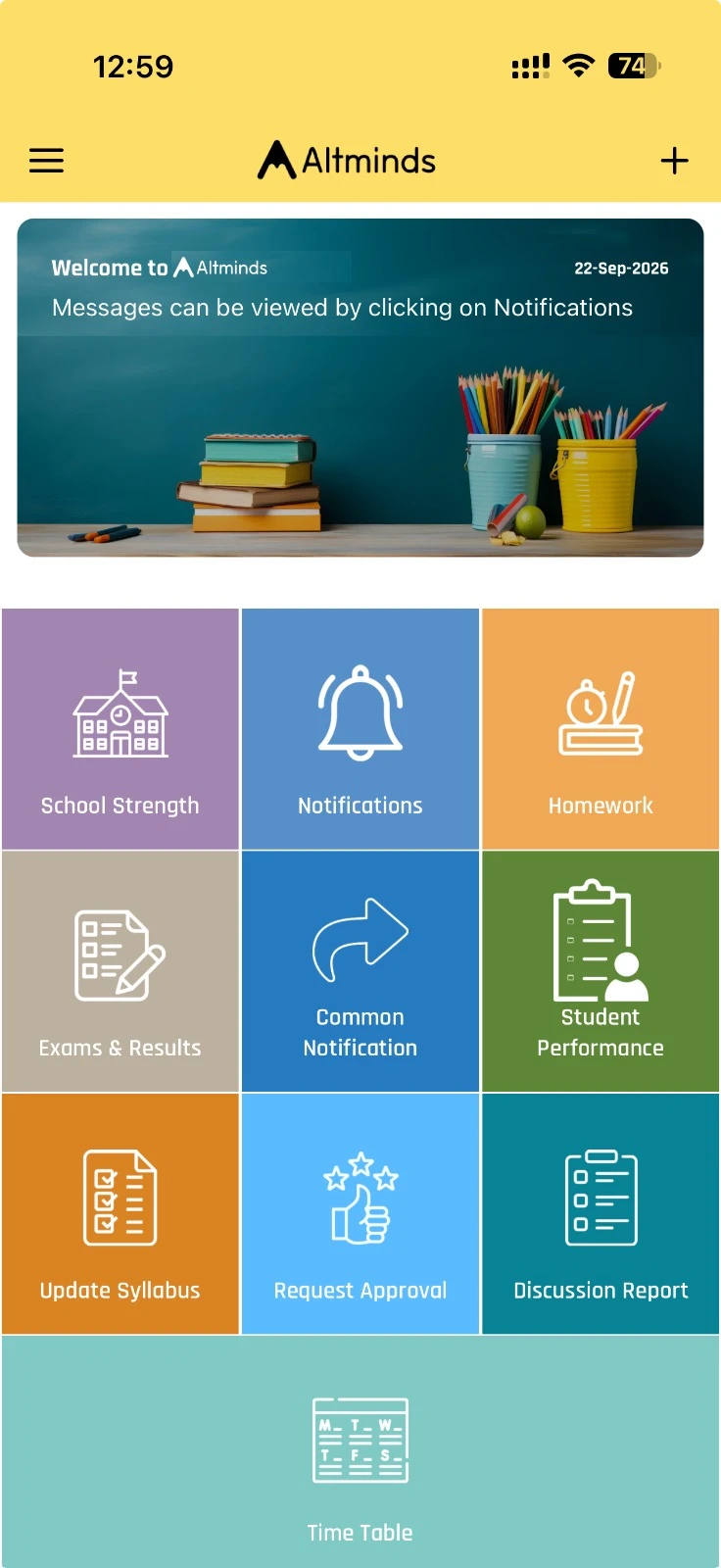 Alt Schools app home with school strength, notifications, homework, exams and timetable