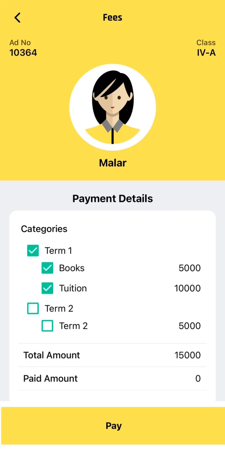 Alt Schools fee payment screen with term-wise categories and the payable total