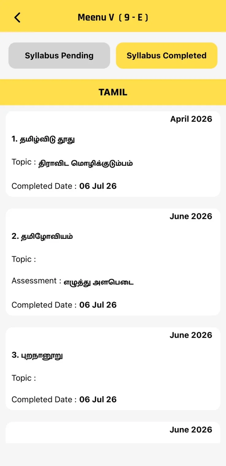 Alt Schools syllabus screen listing completed lessons with the date each was covered